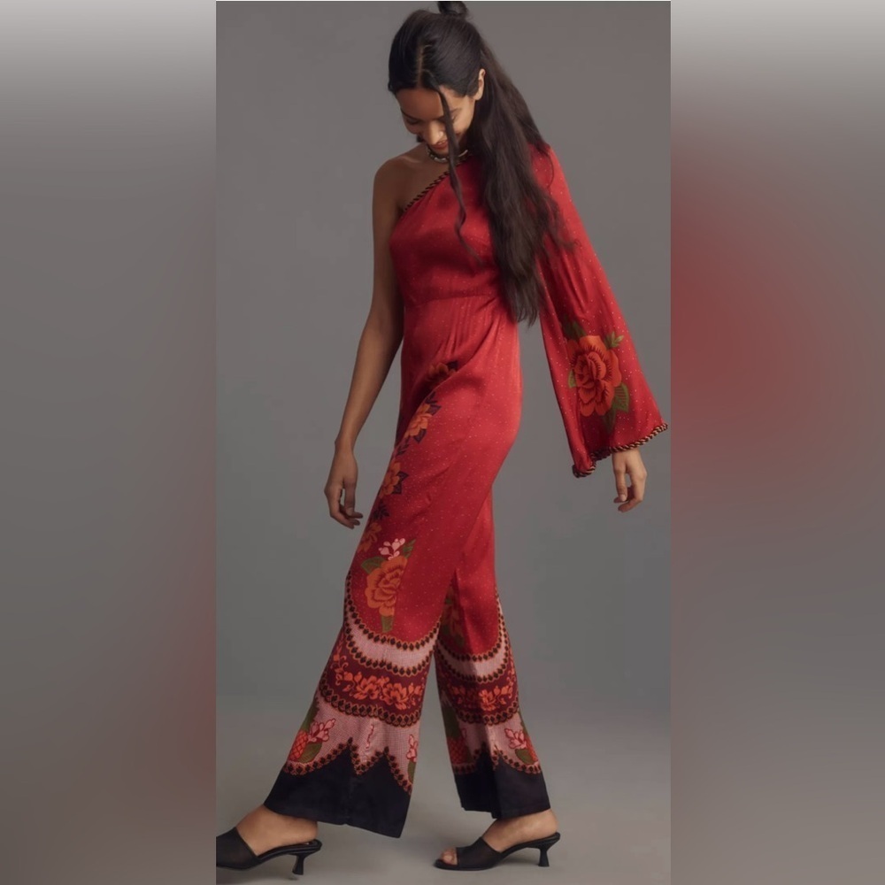 Nwt farm rio satin red floral jumpsuit M spring designer boho satin $300 evening - Picture 5 of 5